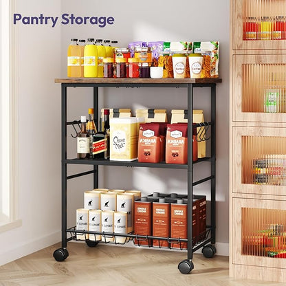 SWTYMIKI Rolling Kitchen Microwave Cart - 3 Tier Microwave Table Stand with Storage Basket and Hooks, Kitchen Utility Cart on Wheels, Coffee Cart Shelf Rack Organizer for Living Room Office, Balcony