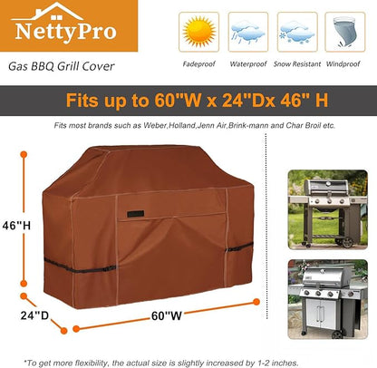 NettyPro Grill Cover for Outdoor Grill 60 inch Waterproof Heavy Duty Gas BBQ Cover for Outside Weber, Char-Broil, Brinkmann, Jenn Air, Nexgrill 3-4 Burners Barbecue, Brown