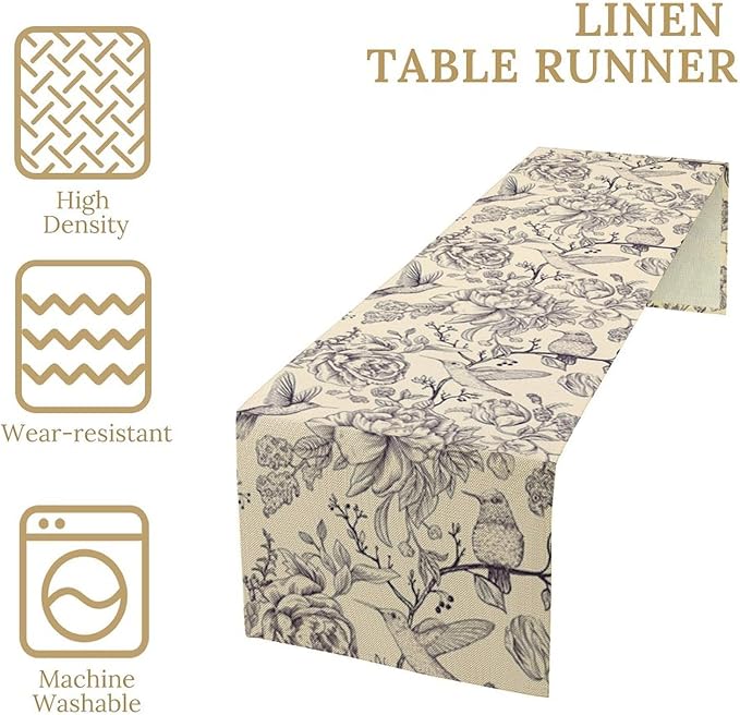 Retro Floral Bird Table Runner,Vintage Boho Rose Flower Birds Table Runner for Kitchen Dining Table Holiday Farmhouse Home Party Decor 13x108in
