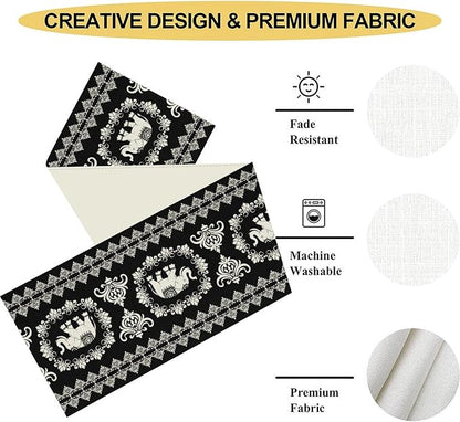 Boho Elephant Table Runner, Rustic Black African Tribe Animal Damask Diwali India Mandala Art Print Coffee Table Center Decor for Home Kitchen Holiday Party Outdoor Table Decorations, 13"x90"