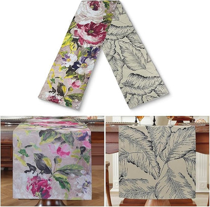 Double-Sided Table Runner - Reversible Oil Painting & Banana Leaf Design, Waterproof Linen Cotton for Dining Table Decor, Holiday Home Decoration（Red）