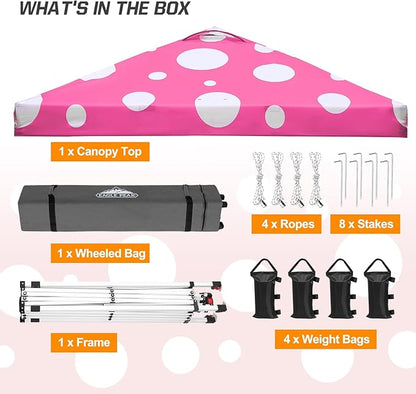 EAGLE PEAK Pop Up Canopy Tent with Wheeled Carry Bag, 8 Stakes, 4 Ropes, 4 Weight Bags, Easy Set Up Tent Canopy, 10x10 ft, 100sqft of Shade, Pink Mushroom