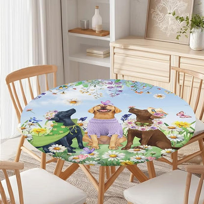Spring Dogs Round Fitted Tablecloth with Elastic Colorful Floral Farmhouse Easter Circle Table Cloth for 40-44" Tables Wipeable Waterproof Outdoor Wildflowers Puppy Table Cover for Party Picnic Dining