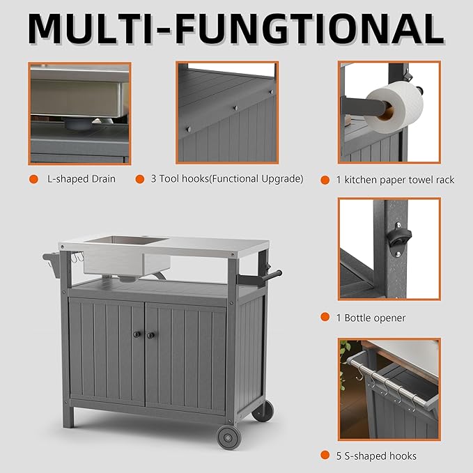 TORVA All in One Outdoor Grill Cart with Sink,Cabinet and Cover, 42 inch Freestanding Modular Kitchen Sink Station in 304 Stainless Steel&HDPE, All Weather Use BBQ Table, Grey