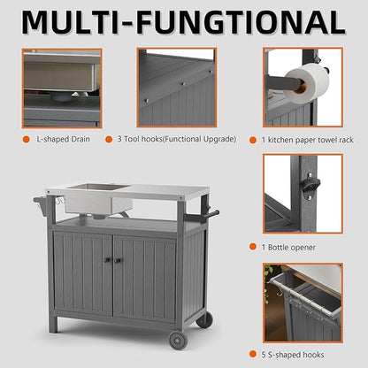 TORVA All in One Outdoor Grill Cart with Sink,Cabinet and Cover, 42 inch Freestanding Modular Kitchen Sink Station in 304 Stainless Steel&HDPE, All Weather Use BBQ Table, Grey