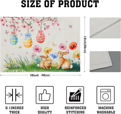 Giwawa Easter Placemats Set of 4 Spring Bunny Rabbits Flowers Place Mat 12x18 Inch Colorful Eggs Tree Floral Table Mats Washable Satin Resistance for Party Kitchen Dining Holiday Decor