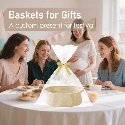Woven Basket,Small Rope Storage Bin with Handles & Ribbon Bag, Organizer for Shelves Closets,Gift Basket Empty for Birthday,Books,Dog Toys,Beige/2 Pack
