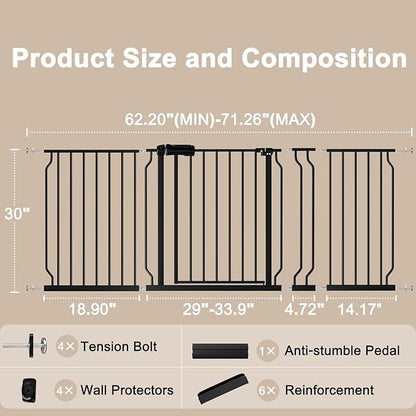 WAOWAO Baby Gate 62.20-71.26" Extra Wide Pressure Mounted Walk Through Swing Auto Close Safety Black Metal Toddler Kids Child Dog Pet Puppy for Stairs,Doorways,Kitchen