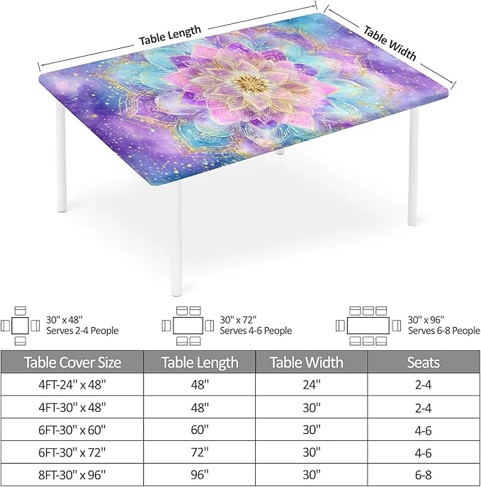 Rectangle Table Cloth Cover Waterproof Elastic Fitted Polyester Fitted Tablecloths for 8 Foot Tables for Indoor,Picnic, Camping, Outdoor （96" x 30"，Datura）