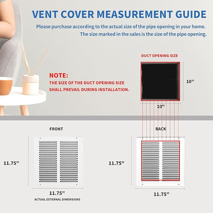 10x10 Vent Cover (Duct Opening Size), Air Return Vent Cover, AC Vent Cover, Cold Air Return Vent Cover, Flat Return Air Grilles, Outer Dimensions:11.75"W x 11.75"H (10"Wx10"H, Duct Opening)