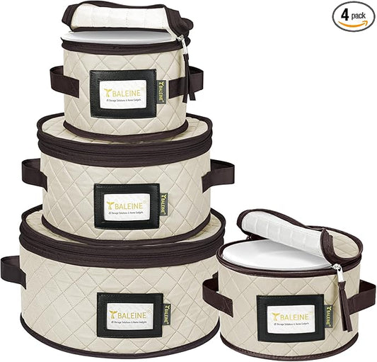 BALEINE China Storage Containers, Soft Shell Case for Organizing, Stackable Moving Storage Box with Felt Plate Dividers for Dishes, Glasses, Mugs (Plate Set, Cream)