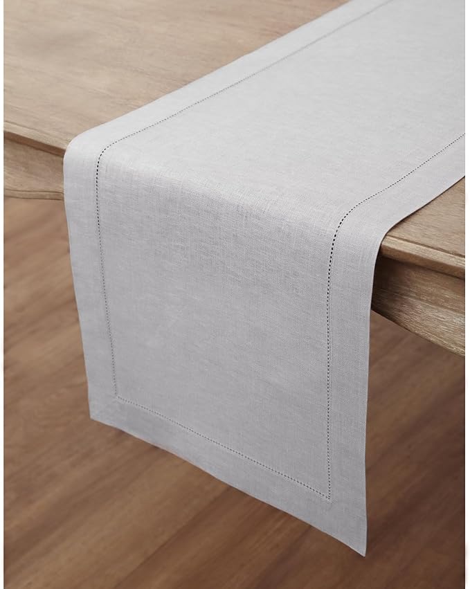 Solino Home Linen Soft Grey Table Runner 120 Inches Long - 100% Pure Linen Hemstitch 14 x 120 Inch Table Runner for Dining, Spring, Easter - Classic Hemstitch