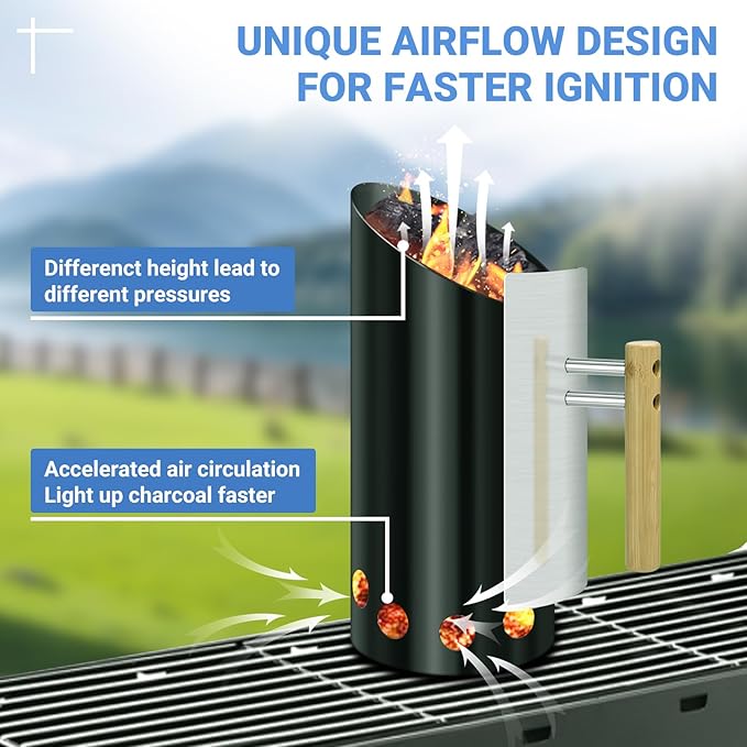 Charcoal Chimney Starter with Insulation Gloves and Briquet Shovel Set,Double Enameled Chimney Starter Double The Service Life with Heat Shield & Wood Handle Heat Insulation and Easy Grip