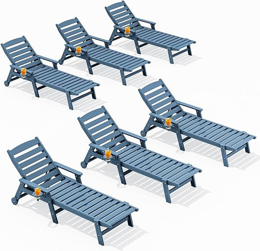 SERWALL Patio Chaise Lounge Chair Set of 6, 5 Positions Adjustable Poly Outdoor Lounger for Pool, HDPE Lounge Chair with Rolling Wheels & Cup Holder for Poolside, Deck, Blue