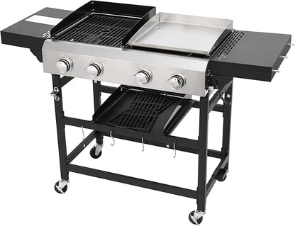 2-Burner Hybrid Grill with Flat Top, 38200 BTU for Backyard & Patio, Perfect for BBQ and Teppanyaki, Features Large Cooking Area & Durable Enamel Construction (2+2 PLANCHA)