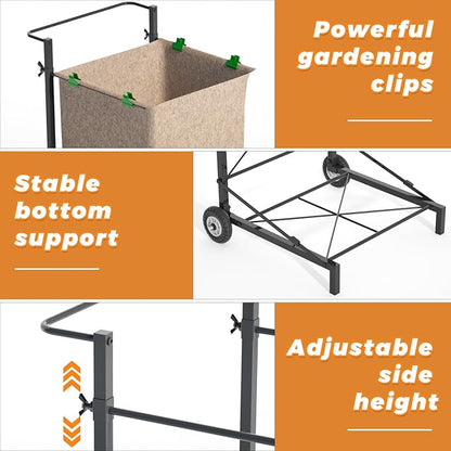 Natheeph Trash Bag Holder - Heavy Duty Metal Outdoor Leaf Bag Holder with Wheel, Adjustable Yard Waste Bag Cart Fits 30-55 Gallon Garbage Bags, Foldable Garden Leaf Bags Stand for Yard Work