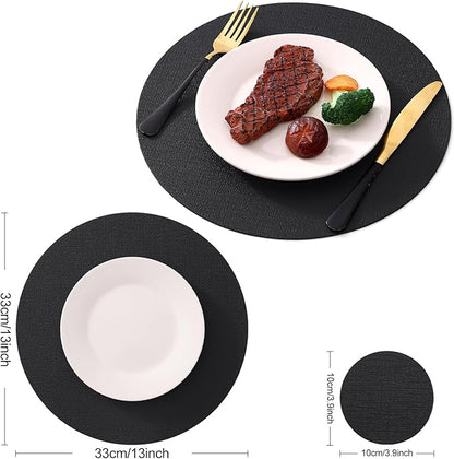 Homaxy Round Faux Leather Placemats and Coasters, Washable Dual-Side Table Mats, Wipeable Heat-Resistant Dining Place Mats for Outdoor and Indoor, Set of 8, Diameter 13 and 3.93 inch, Black