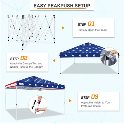 EAGLE PEAK Pop Up Canopy Tent with Wheeled Carry Bag, 8 Stakes, 4 Ropes, 4 Weight Bags, Easy Set Up Tent Canopy, 12x12 ft, 144sqft of Shade, American Flag