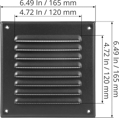 Square Ventilation Grille / 5" x 5" Inch Inside Measurement/Black Metal Air Vent Louver - Inside/Outside use / 6.5" x 6.5" Inch Outer Measurement