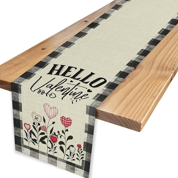 Valentines Day Table Runner,Vintage Rustic Black White Red Heart Buffalo Plaid Table Center Decor for Family Kitchen Living Room Outdoor Farmhouse Party Table Decorations, 13"x36"