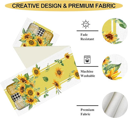 Sunflower Table Runner, Watercolor Yellow Floral Vase Spring Sunshine Summer Farmhouse Rustic Coffee Table Center Decor for Home Kitchen Dining Patio Indoor Outdoor Table Decorations, 13"x90" Inch