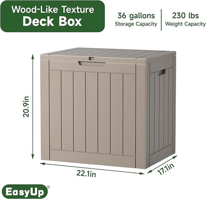 EasyUp 36 Gallon Outdoor Storage Box Waterproof, Resin Outdoor Deck Box, Lockable Deck Boxes for Garden Tools Equipment and Cushions (Gray)