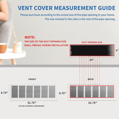 30 x 8 Return Air Grille (Duct Opening Size), Air Return Vent Cover, AC Vent Cover, Cold Air Return Vent Cover, Flat Return Air Grilles, Outer Dimensions:31.75"W x 9.75"H (30"W x 8"H, Duct Opening)