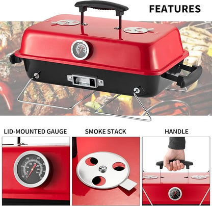 Portable Charcoal Grill, Tabletop Outdoor Barbecue Smoker, Small BBQ Grill for Outdoor Cooking Backyard Camping Picnics Beach,BLACK