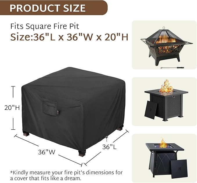 iBirdie Square Fire Pit Cover 36 x 36 inch Outdoor Waterproof and Weatherproof Heavy Duty 600D Patio Fireplaces Table Coffee Table Cover