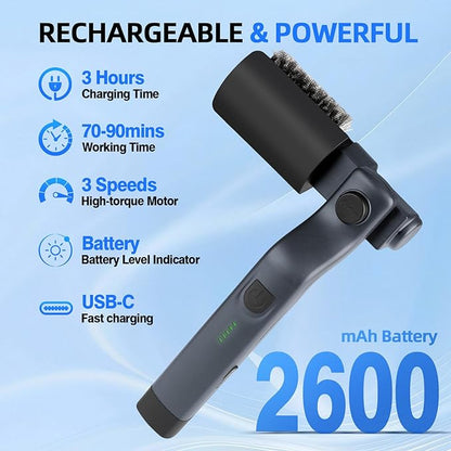 Upgraded Electric Grill Brush, Cordless Rechargeable Grill Cleaning Brush with Adjustable Angle, Stainless Steel Brush Head, 3-Speed Power, 90-Min Runtime, Waterproof Cleaner for BBQ Grates (Gray)