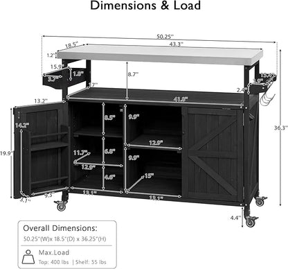 50.25" Grill Cart with Stainless Steel Tabletop - Outdoor Storage Cabinet for BBQ, Bar Patio Kitchen Island with Ample Storage and Lockable Wheels