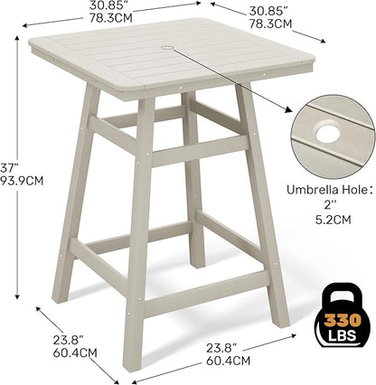 Costaelm Outdoor Bar Table, 37" Counter Height Square Patio Cocktail Bar Table with Umbrella Hole, Patio Bistro Dining Pub Table for Front Porch Deck Backyard Garden, Sand