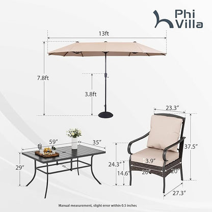 PHI VILLA Outdoor Dining Set for 6, All-Weather Patio Table and Chairs Set for 6 with Umbrella, Heavy Duty Rectangle Patio Table Set for Deck, 6 Large Outdoor Stationary Dining Chairs with Cushions