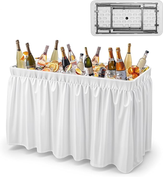 VINGLI 46" Extra Large Party Ice Cooler Folding Table, Portable Tailgate Camp Fishing Cleaning, Plastic with Matching Skirt, Ice Table for Party, BBQ, Camping, Picnic