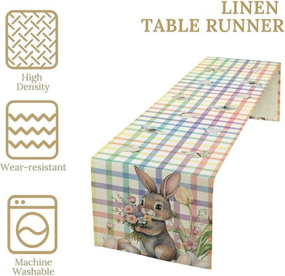Happy Easter Table Runner,Rustic Watercolor Bunny Flowers Butterflies Eggs Seasonal Table Center Decor for Family Kitchen and Living Room Outdoor Farmhouse Party Table Decorations, 13"x108"