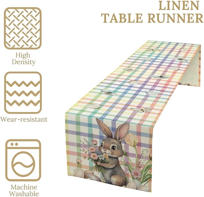 Happy Easter Table Runner,Rustic Watercolor Bunny Flowers Butterflies Eggs Seasonal Table Center Decor for Family Kitchen and Living Room Outdoor Farmhouse Party Table Decorations, 13"x72"