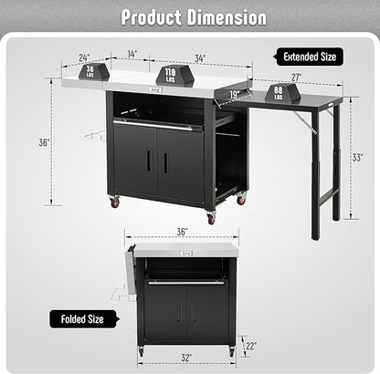 Grill Table,Outdoor Kitchen with Cabinet Outdoor Grill Table with 2 Foldable Side Tables Stainless Steel Top for Outdoor Kitchen Cabinets, Bar Cart, Movable Grill Cart with Pull-Out Plate, L74”x W24”