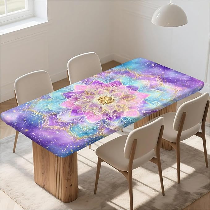 Rectangle Table Cloth Cover Waterproof Elastic Fitted Polyester Fitted Tablecloths for 8 Foot Tables for Indoor,Picnic, Camping, Outdoor （96" x 30"，Datura）
