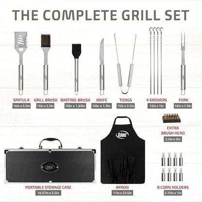 Kaluns Grilling Accessories, Gifts for Men Christmas Grilling Gifts for Dad, Heavy Duty Stainless Steel BBQ Grill Tools Set for Outdoor Grill with Aluminum Case and Apron, Birthday Gifts for Men Dad