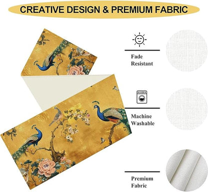 Peacock Table Runner,Golden Vintage Asian Chinese Style Peony Floral Branch Table Center Decor for Family Kitchen and Living Room Outdoor Farmhouse Party Table Decorations, 13"x108"