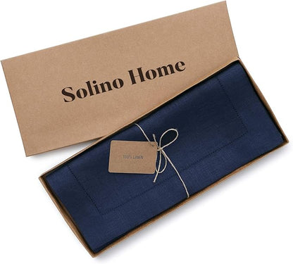 Solino Home Linen Navy Blue Table Runner 108 Inches Long - 100% Pure Linen 14 x 108 Inch Table Runner for Easter - Classic Hemstitch