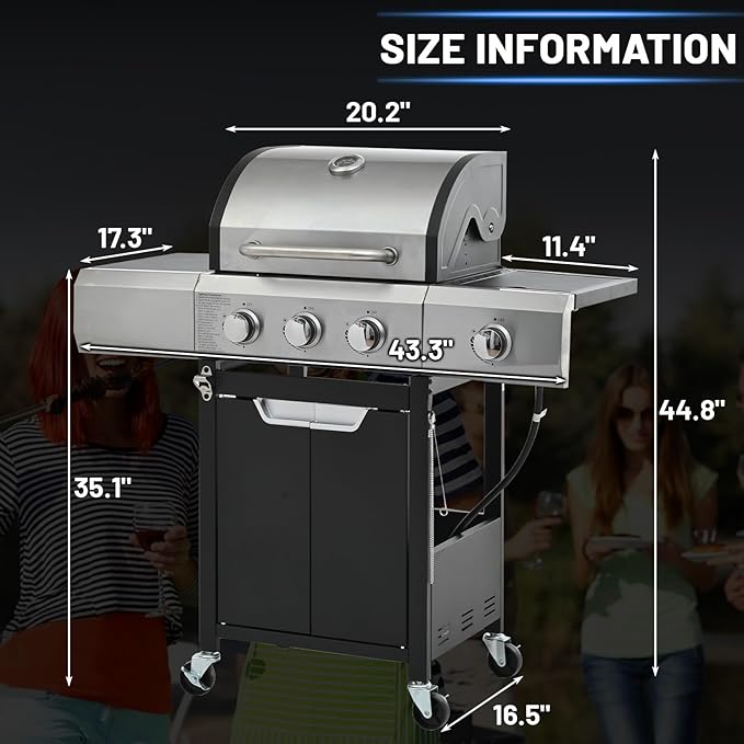3-Burner Propane Gas BBQ Grill with Side Burner, 40,500 BTU Stainless Steel Gas Grill for Outdoor, Camping, Barbecue Grilling Backyard Cooking (3+1 bumer no cover)