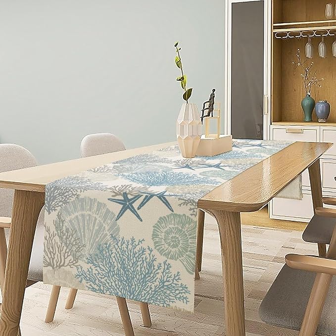 Blue Teal Coral Table Runners, Summer Beach Starfish Coastal Coffee Table Runners for Wedding Party Banquet Dining Holiday 13x36in