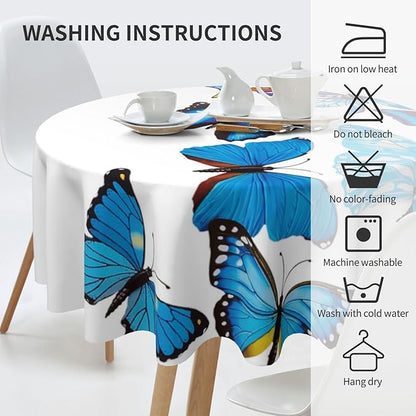 Bule Butterfly Round Tablecloth Beautiful - Butterfly Bule Tablecloth 60 Inch Waterproof Rustic Table Cloth Fabric Farmhouse Stripe Decorative for Picnic Party Holiday Home Indoor Outdoor
