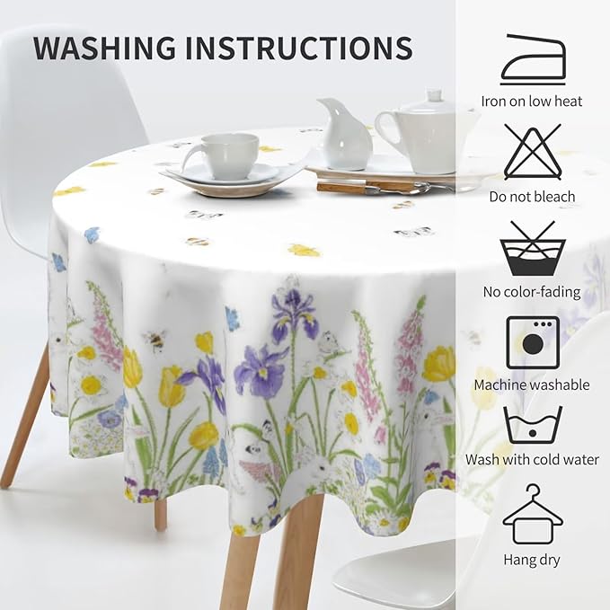 Spring Easter Round Tablecloth 60 Inch, Bunny Colorful Flower Butterfly Decorative Tablecloths Stain Resistance Polyester Rabbit Floral Table Cloth for Holiday Parties Kitchen Dining