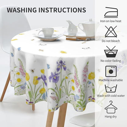 Spring Easter Round Tablecloth 60 Inch, Bunny Colorful Flower Butterfly Decorative Tablecloths Stain Resistance Polyester Rabbit Floral Table Cloth for Holiday Parties Kitchen Dining