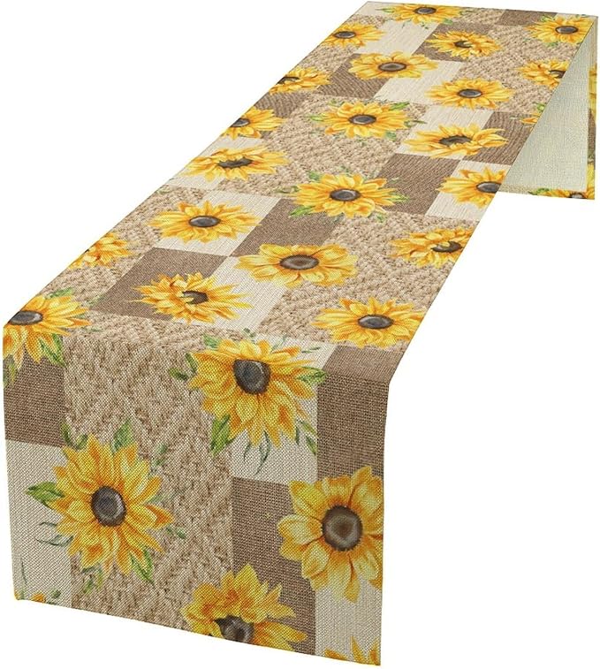 Farmhouse Sunflower Table Runner, Rustic Vintage Linen Patchwork Summer Yellow Floral Table Cover for Bithday Party Home Kitchen Dining Room Decor, 13x70inch
