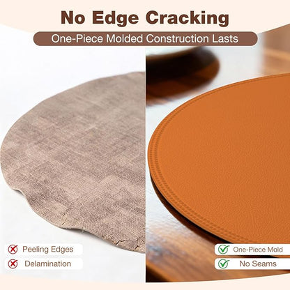 Round Vinyl Orange Placemats Set of 6, Faux Leather Waterproof Wipeable Heat Resistant Place Mats, Washable Table Mats for Halloween, Thanksgiving & Christmas Dinner(Orange)