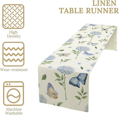 Hydrangea Butterfly Table Runner, Seasonal Spring Summer Table Runner for Holiday Kitchen Dining Home Party Outdoor 13x120in