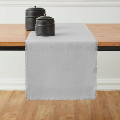 Solino Home Linen Light Grey Table Runner 90 Inches Long - Fringe, 100% Pure Linen 14 x 90 Inch Table Runner for Spring, Easter - Handcrafted and Machine Washable